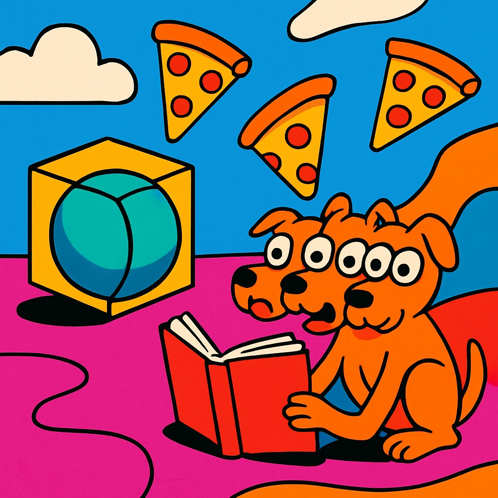 scene with impossible objects: cube that is also a sphere, dog with three heads reading a book upside down, floating pizza slices, wild vibrant cartoon style, designed to make AI go insane emoji