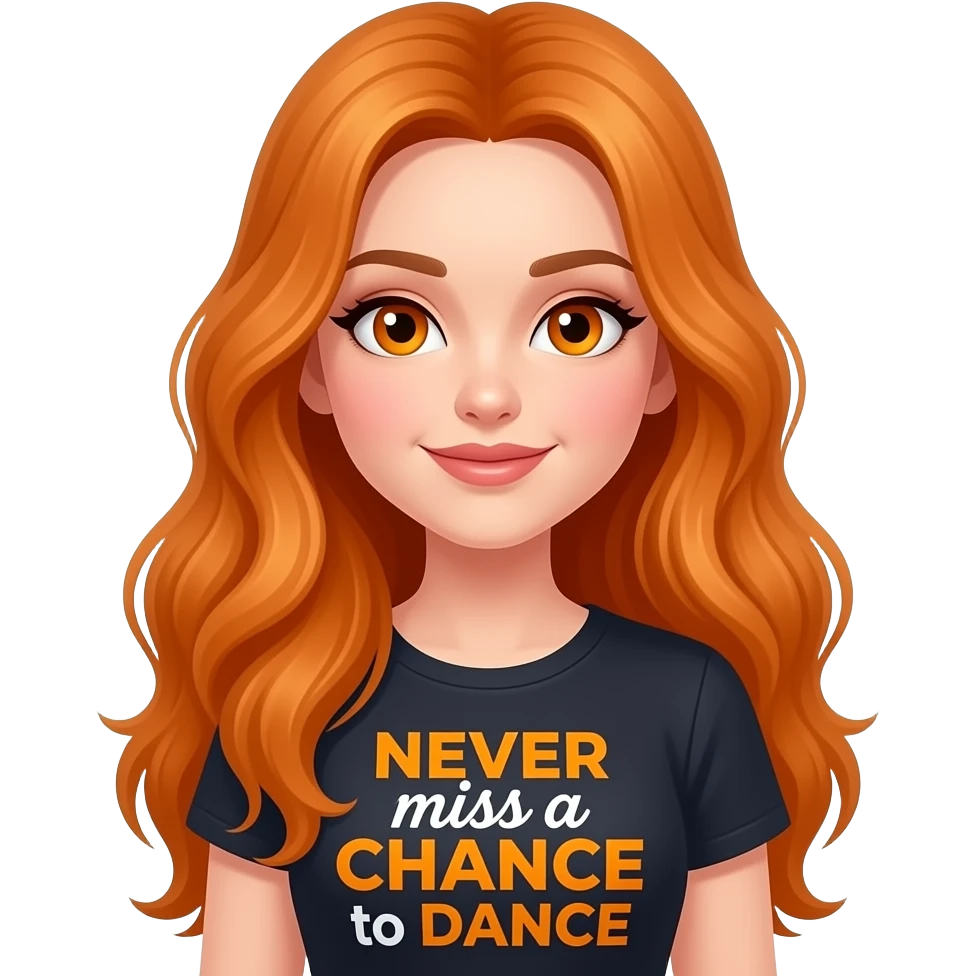 sexy girl with overlong ginger hair and ginger eyes a top with NEVER miss a CHANCE to DANCE written on it emoji