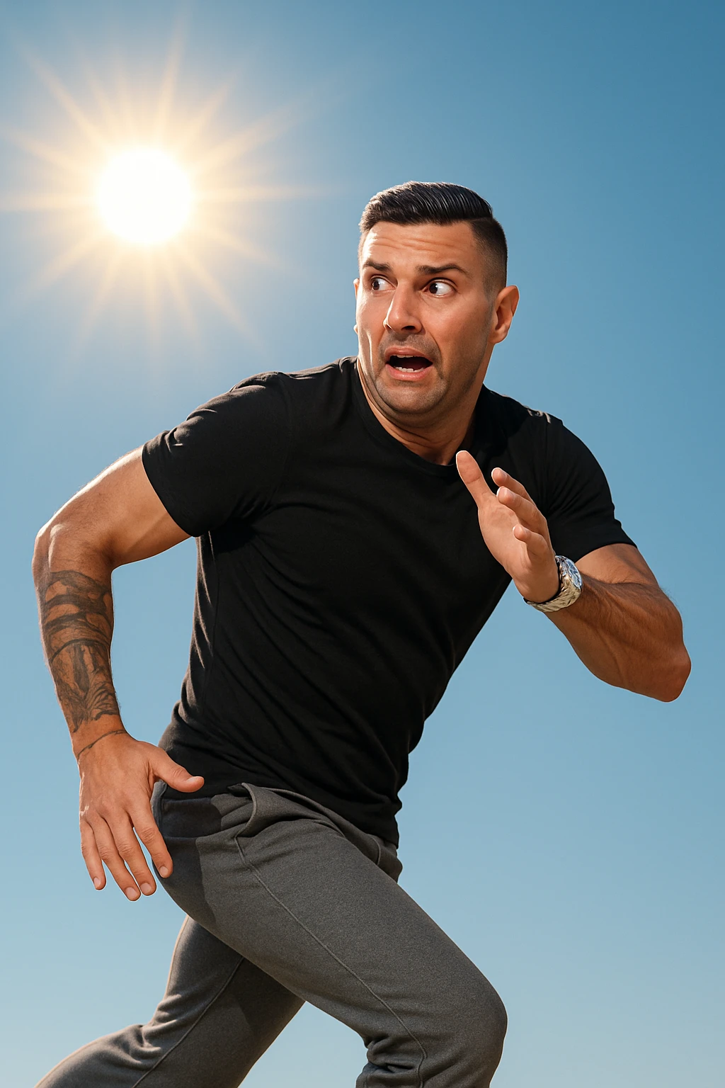 Uomo che corre via dal sole spaventato perchè pensa sia nocivo realistica emoji