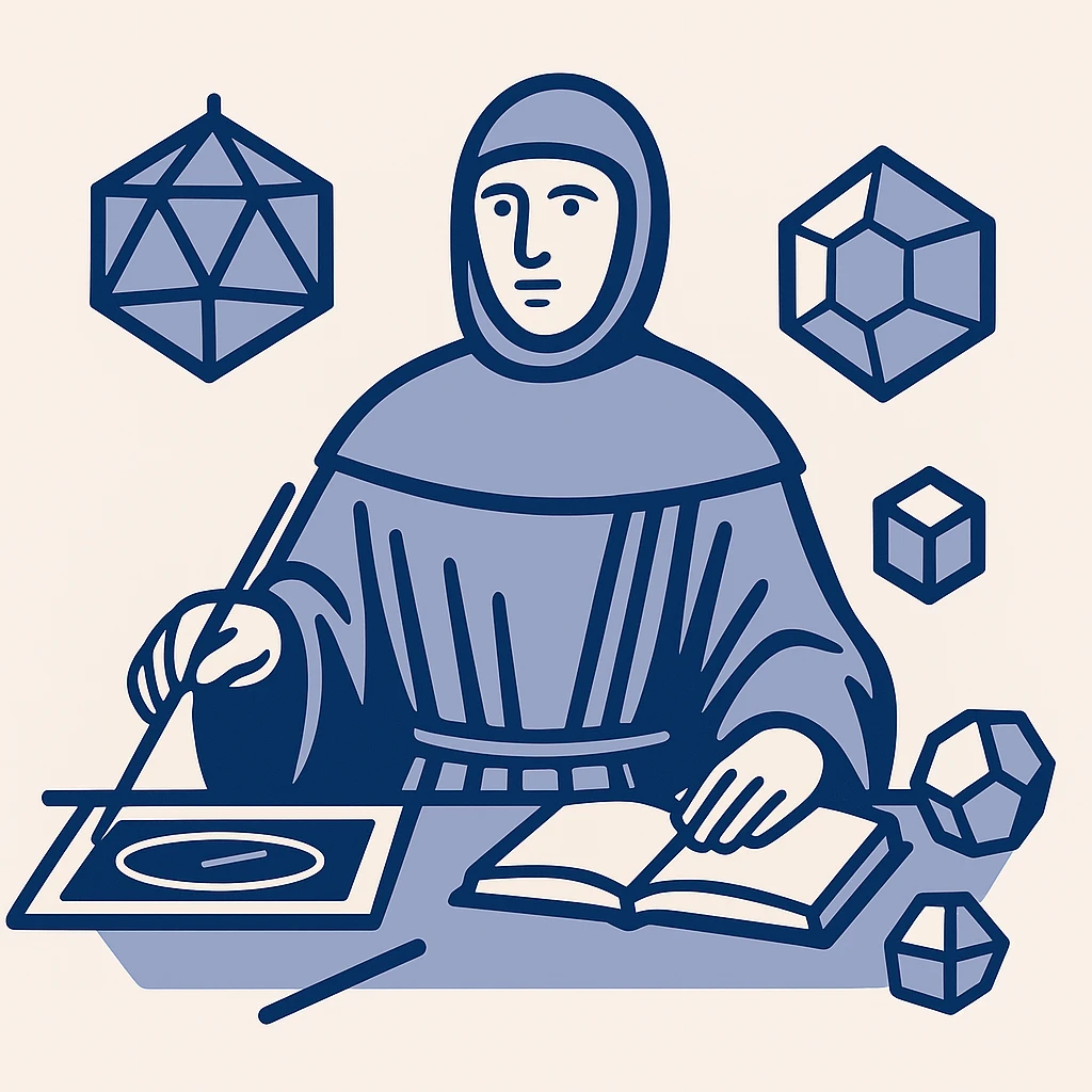 Create a flat startup logo inspired by Luca Pacioli's painting, focusing on geometric shapes and mathematical tools, omitting the tool to his right. Use a blue color palette, minimalist and modern style, experimenting with different geometric arrangements. emoji