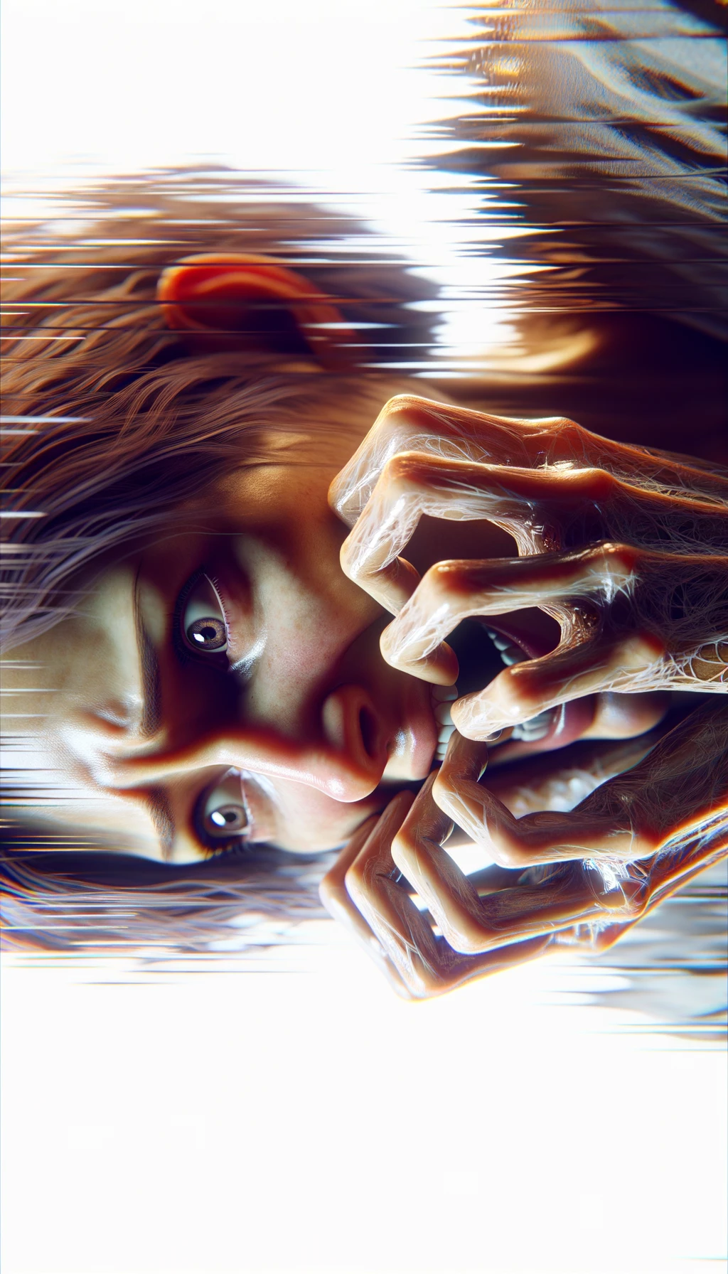 DONNA  che si mangia le unghie per il nervosismo, sfondo chiaro, iperrealistica 4k emoji