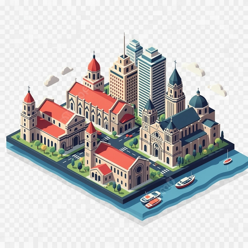 Isometric minimalistic illustration of Manila, subtle 3D miniature effect and Tilt Shift effect, no cartoonish look, transparent background. emoji