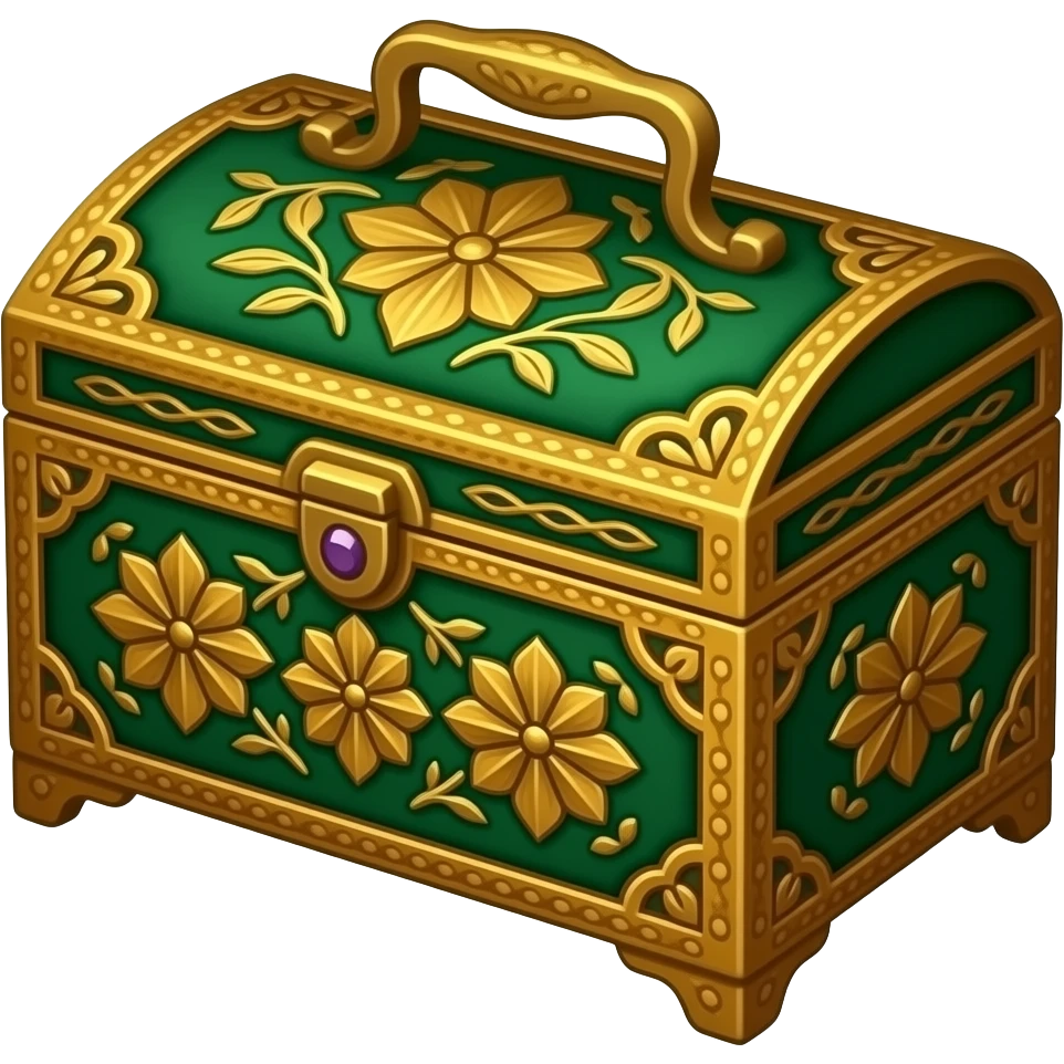 An elegant jewelry box in emerald green and warm amber-gold, adorned with intricate floral carvings, delicate antique metalwork, soft velvet texture, and subtle violet gemstone accents, rendered in a sophisticated botanical fantasy style. emoji