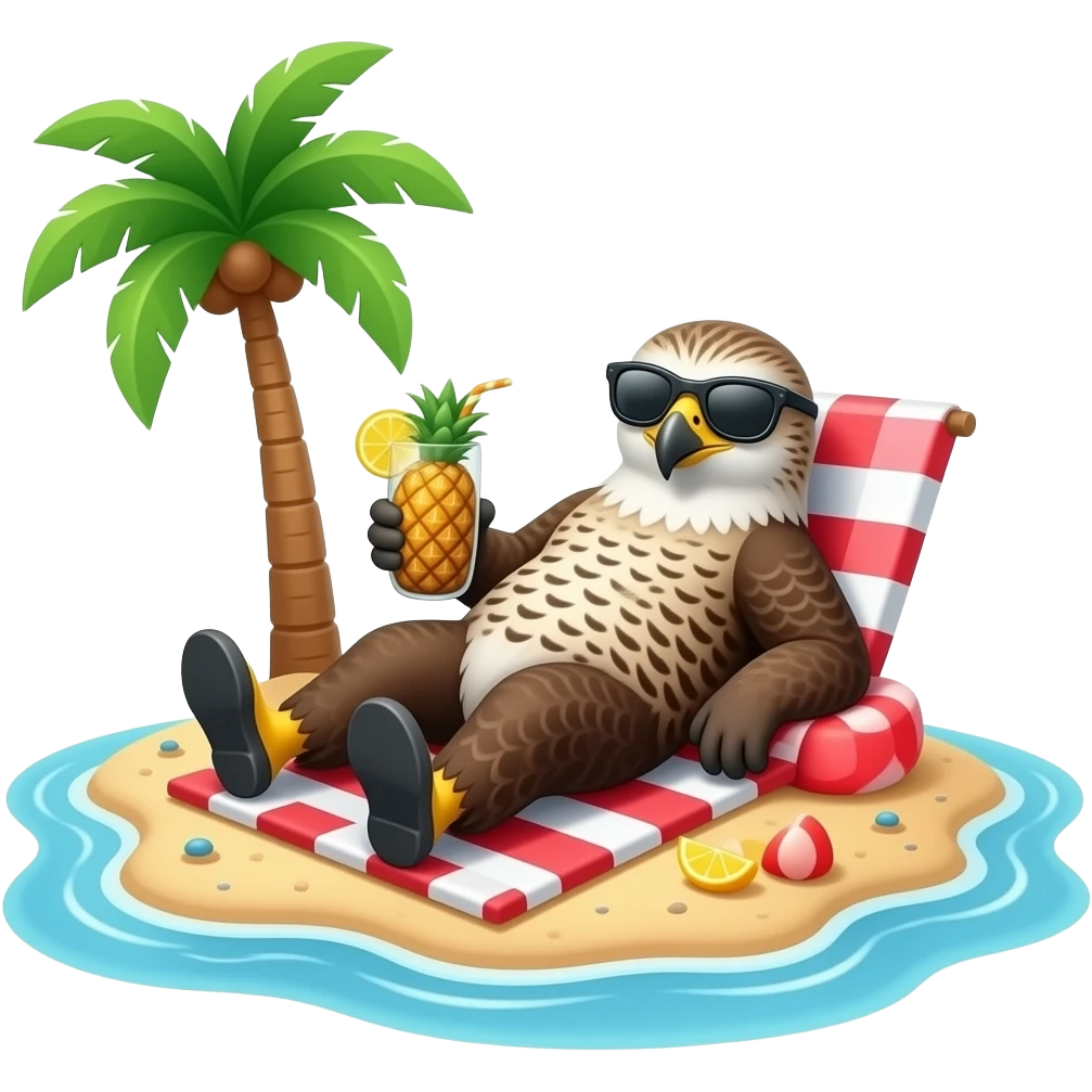 falcon sunbathing on an island on the beach with a pinacolada and sunglasses less details emoji