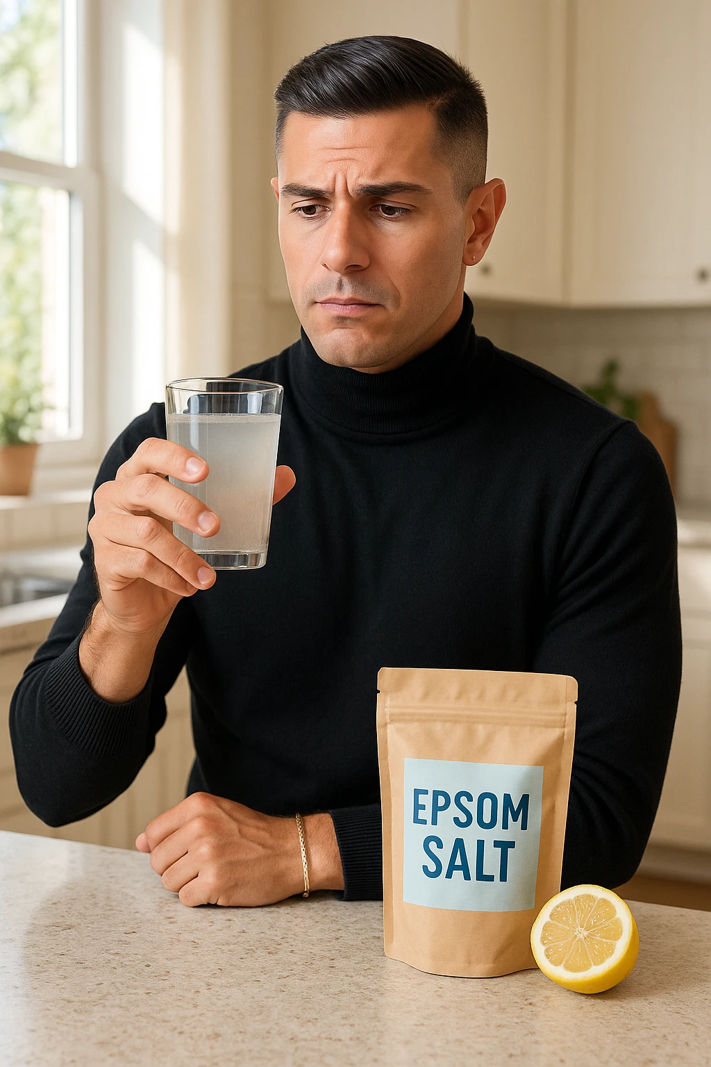 A realistic, bright photo-style image of a young man in his 30s standing in his kitchen, holding a clear glass filled with water in which Epsom salt (magnesium sulfate) has been dissolved. He looks focused but slightly uncertain as he prepares to drink it for a liver flush or digestive cleanse. The glass shows slight cloudiness from the dissolved salt. On the counter are a packet labeled 'Epsom Salt' and a sliced lemon, suggesting he might use it to mask the taste. The setting is clean, natural, and bright with neutral tones. The background shows sunlight streaming through a window, emphasizing a clean, minimalist health-focused environment. The mood conveys a realistic, calm moment of self-care with a hint of discomfort, illustrating a natural detox practice in italiano emoji