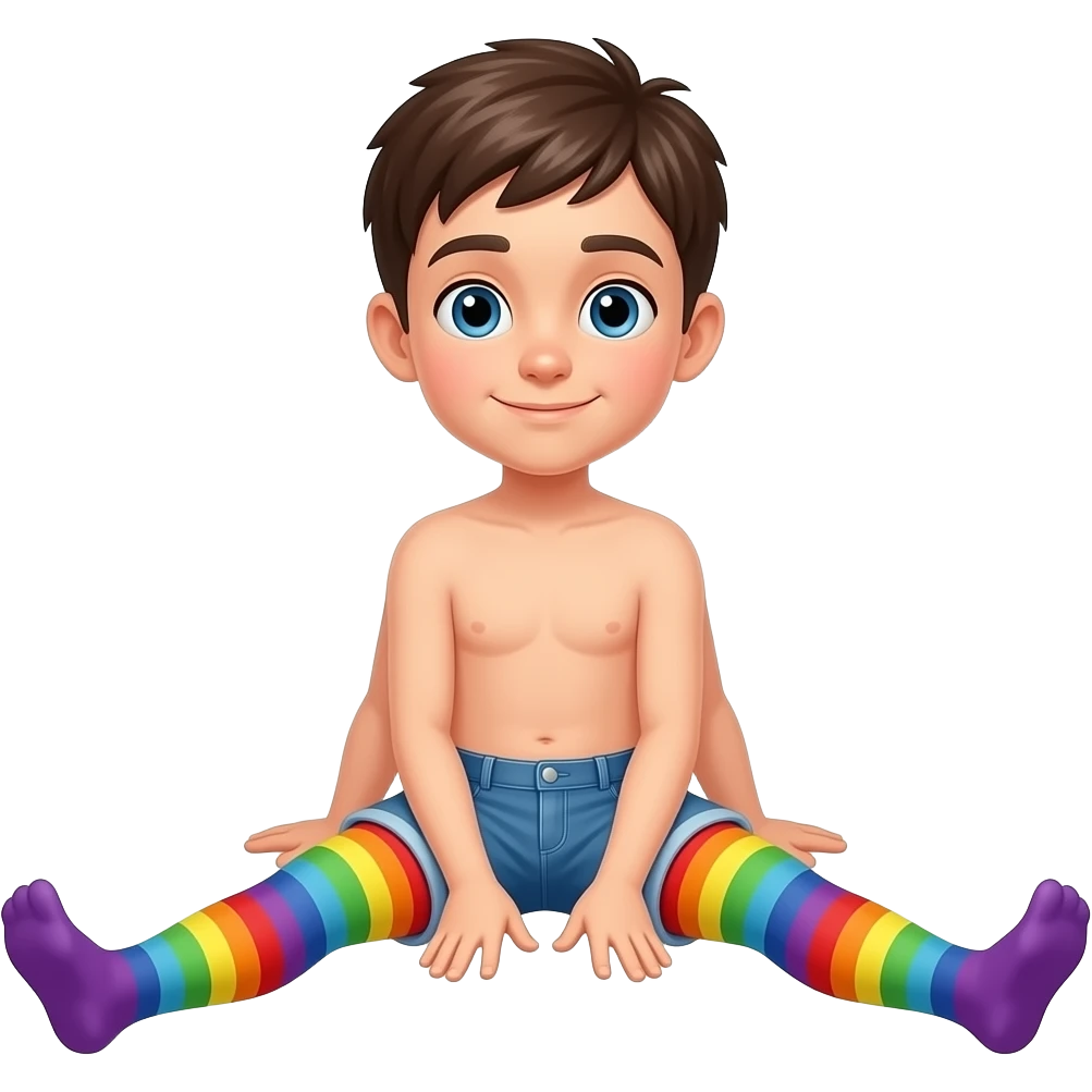 Boy in rainbow pantyhose legs spread no shorts emoji