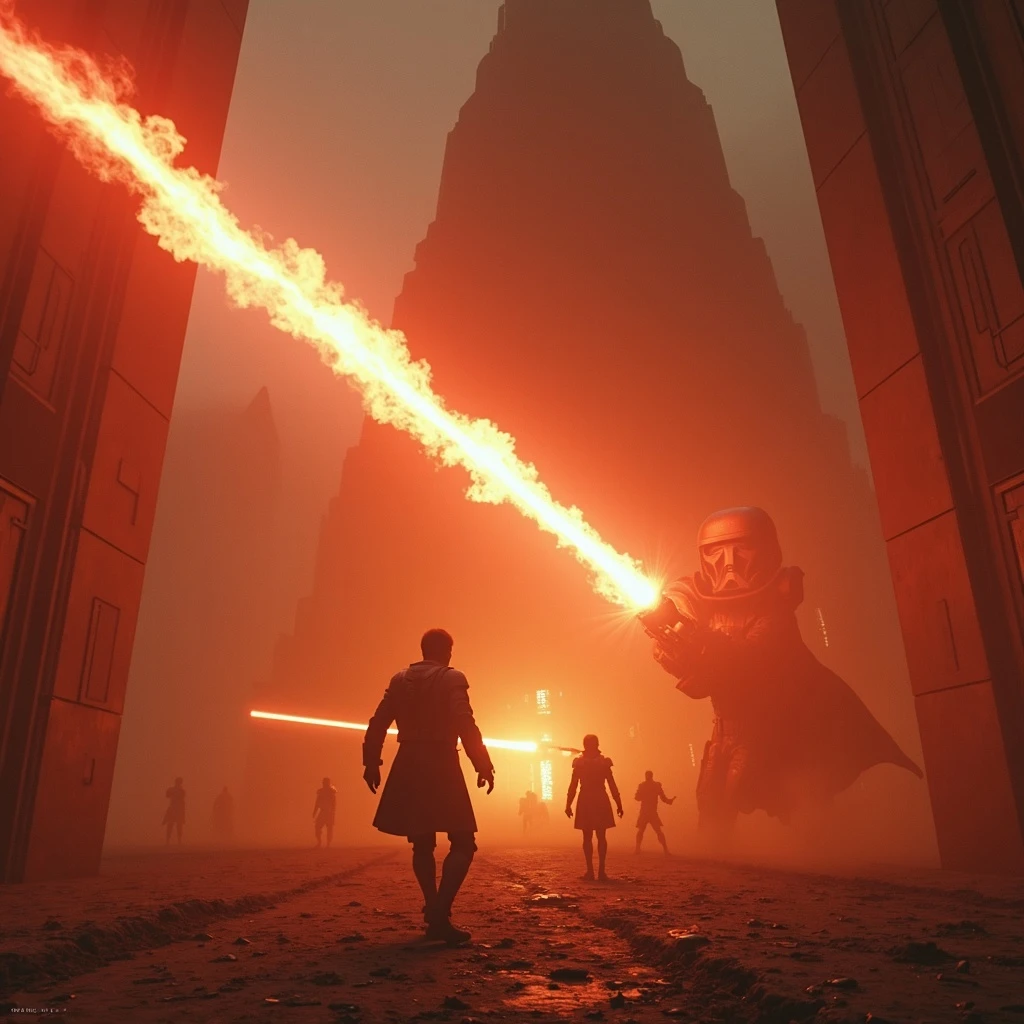 BLASTER FIRE ZIPPING EVERYWHERE, SMOKE, DISTINCTIVE ARCHITECTURE OF A STAR WARS FIGHT SCENE emoji
