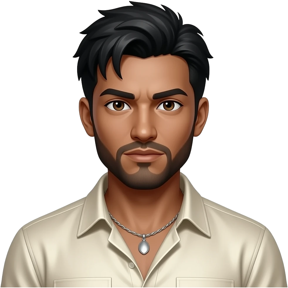 CoryxKenshin with brown skin, dark brown eyes , black hair and short beard, ivory metallic shirt, silver necklace emoji