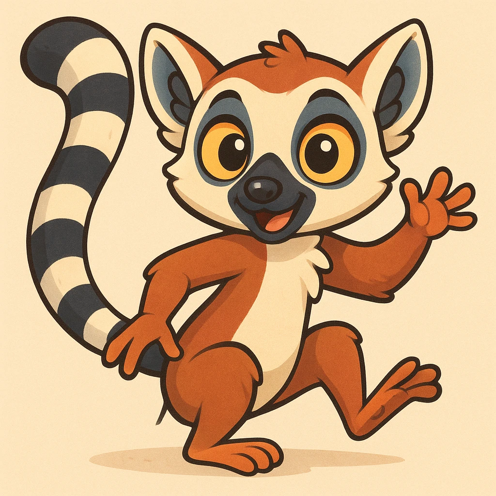 cartoon lemur, playful pose, big eyes emoji
