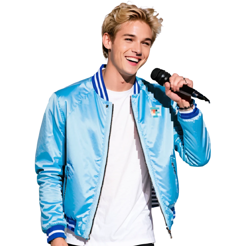 Pixel art style, expressive male performer, Caucasian features, short sandy blonde hair, lively eyes, wide cheerful smile, wearing a sky blue jacket over white tee, tossing a microphone in one hand, waist-up, front-facing emoji