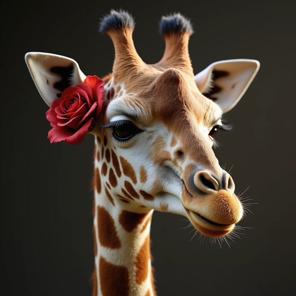 photorealistic giraffe with a red rose behind her ear, natural lighting and textures emoji