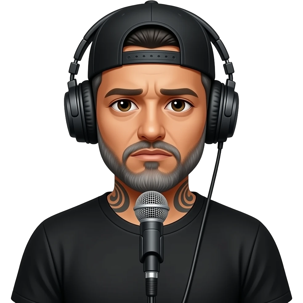 Sad, lonely, divorced wearing all black and a backwards hat tattooed with a beard that’s turning gray Mexican man with headphones in the standing Microphone emoji