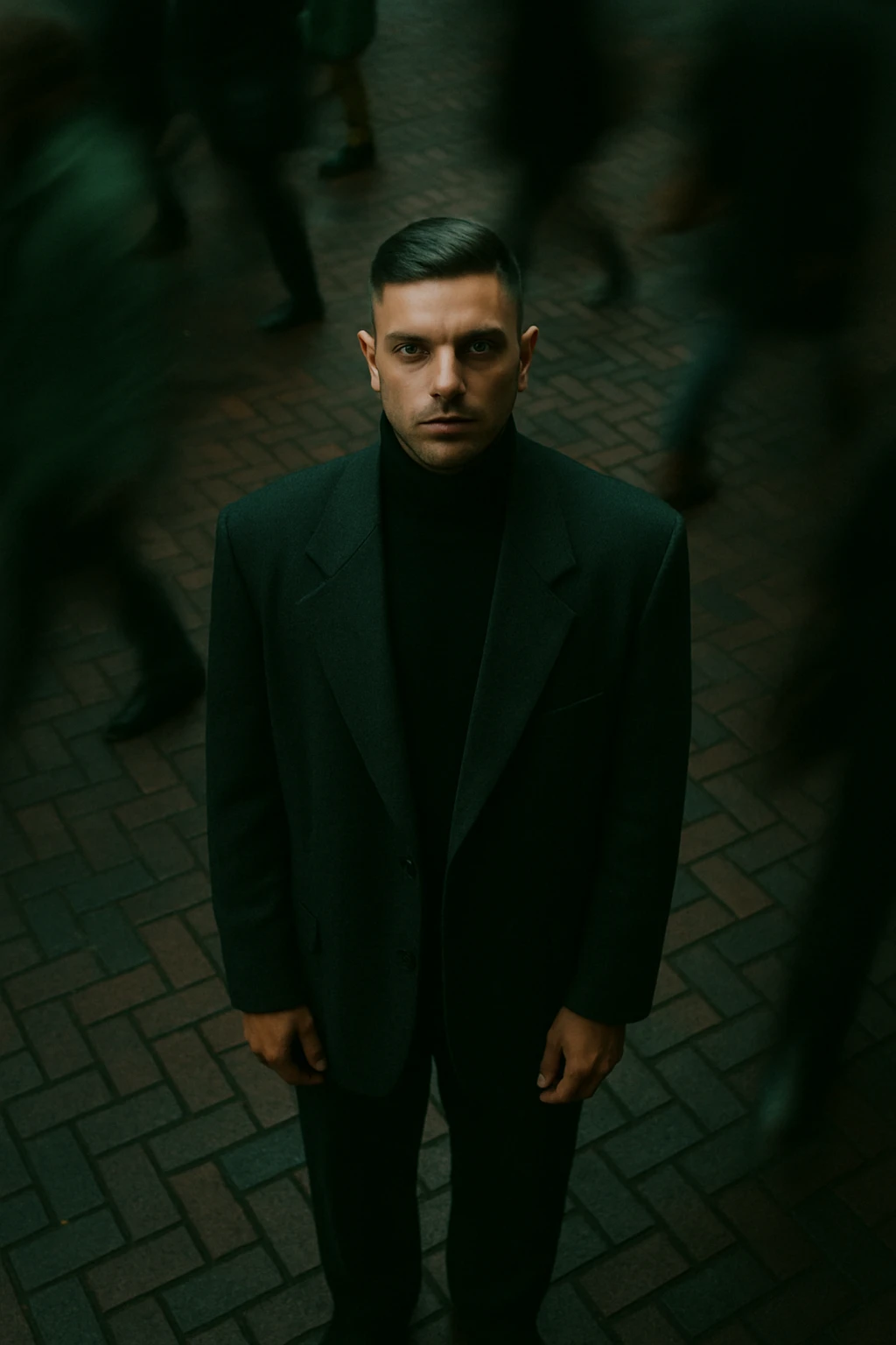 overhead shot of me standing still on a brick city sidewalk, wearing a dark oversized blazer,
motion-blurred crowd rushes past around me. Moody lighting, 35mm film look, shallow depth of field, sharp focus on me. emoji