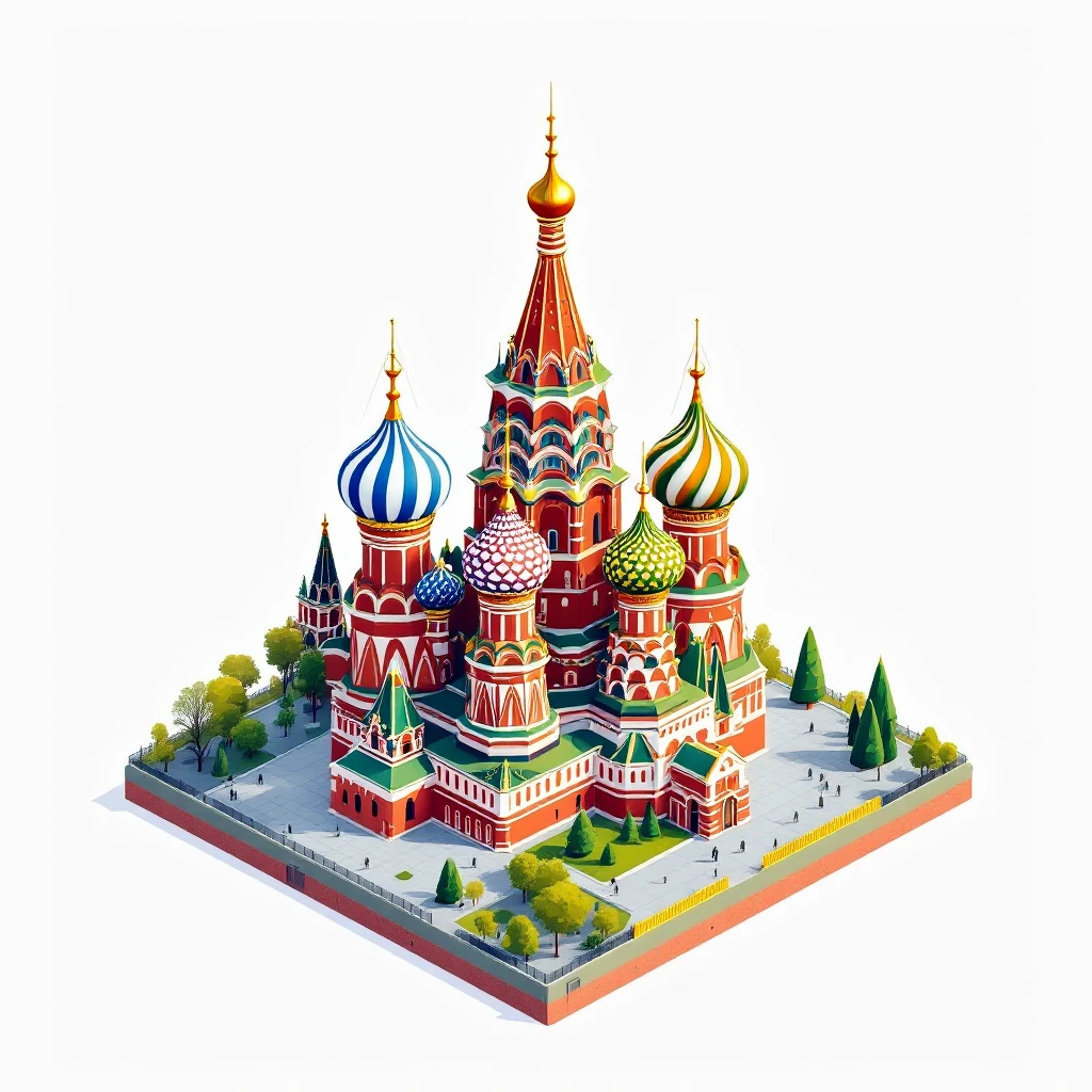 Isometric illustration of Moscow, featuring photorealistic Saint Basil's Cathedral with colorful onion domes, transparent background emoji