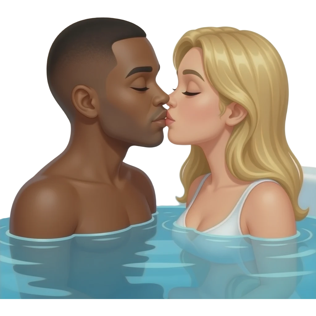 Black man with shaved head in hot tub kssing blonde woman emoji
