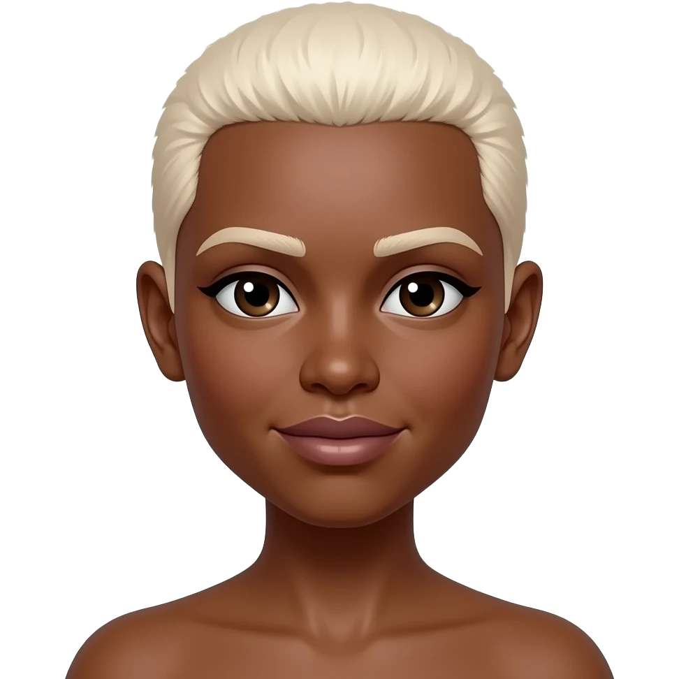 Black woman with a to the scalp hair cut shorter much shorter. Very very short almost bald still to long.a platinum blonde color and a copper color skin tone emoji
