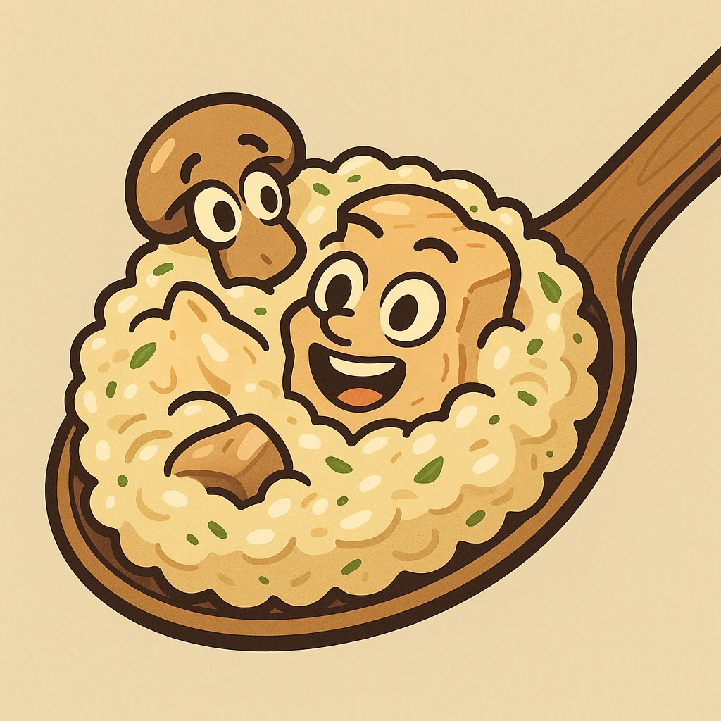 cartoon spoonful of chicken mushroom risotto, creamy texture, with herbs, cute and fun emoji