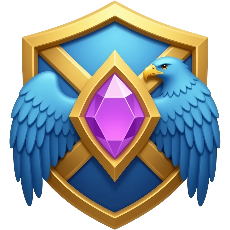 Fantasy emoji of a golden shield with a glowing purple crystal and two blue eagle heads, cartoon style, clean lines, vibrant colors, Discord emoji, transparent background emoji