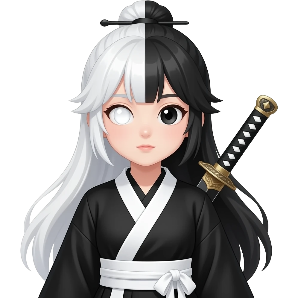 A girl with half-white, half-black hair, long and tied into a bun with some hair down, with black and white pins in her bun. She has one eye with a white pupil, while one is a black pupil. She wears a black  and white hanfu, a hanfu jacket, and a dao sword on her white belt emoji