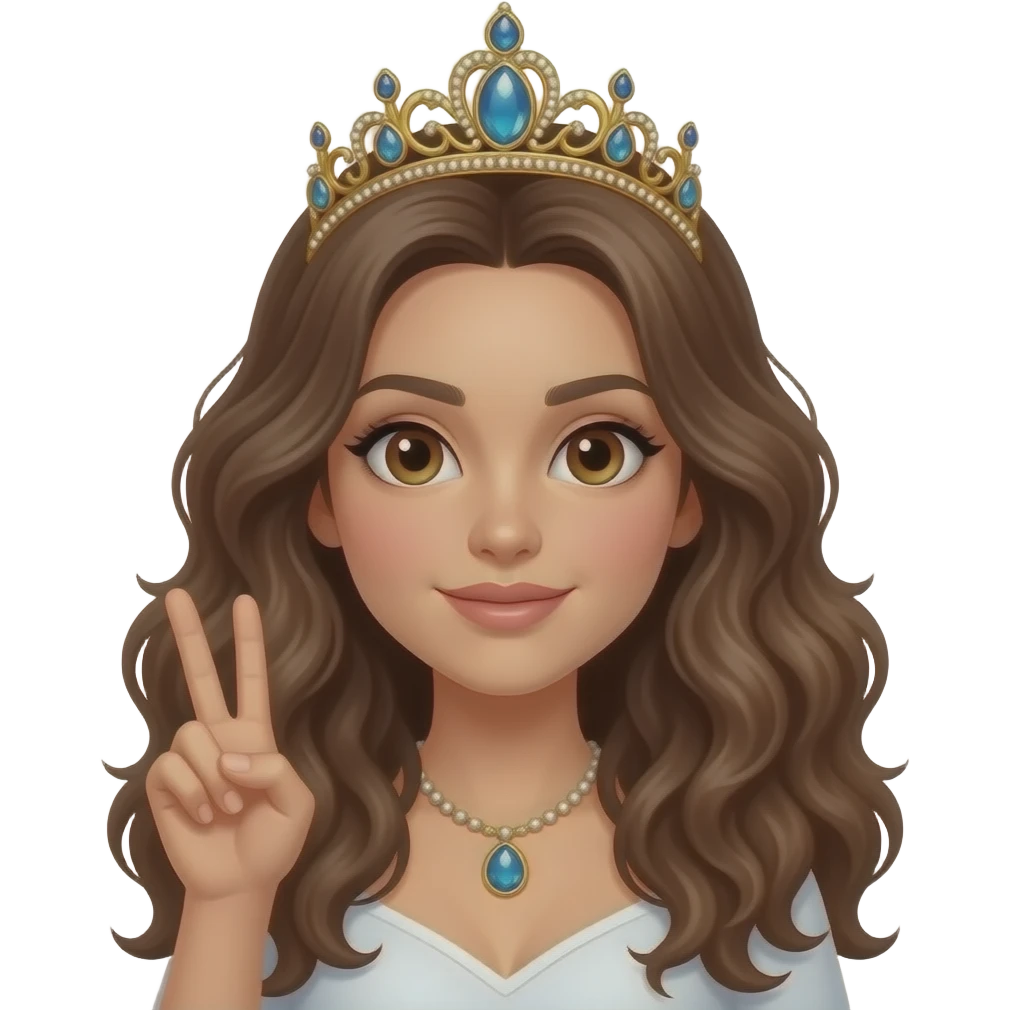 A woman with slightly tanned skin, long, curly brown hair, hazel eyes, and a jeweled crown on her head, her hand raised as if to signal, in emoticon mode like on mobile phones, against a transparent background emoji