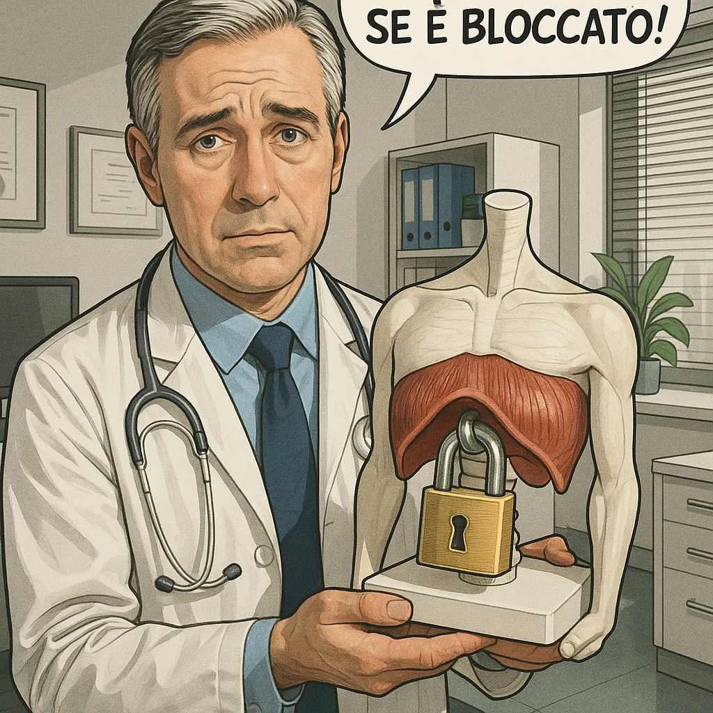 hyper realistic doctor with an anatomical model of a diaphragm locked with a padlock, empathetic expression, comic style with the phrase 'Colpa dello stress se è bloccato!', realistic details, modern medical office emoji