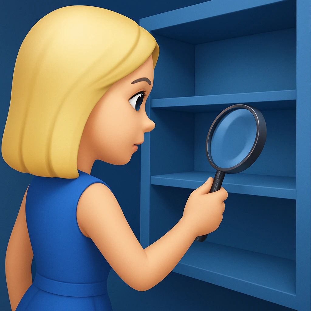 emoji of white empty shelf in perspective view with a standing woman nearby, she is looking at the shelfs with a magnifying glass, she is turned to the shelfs, emoji style, woman wearing a blue dress, adjust the perspective to be more dramatic emoji