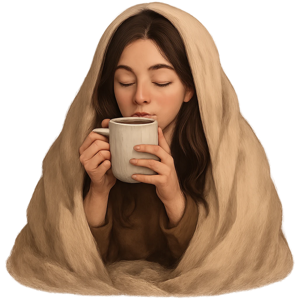 brunette girl inside a blanket sipping coffee with eyes closed, cozy and relaxed emoji