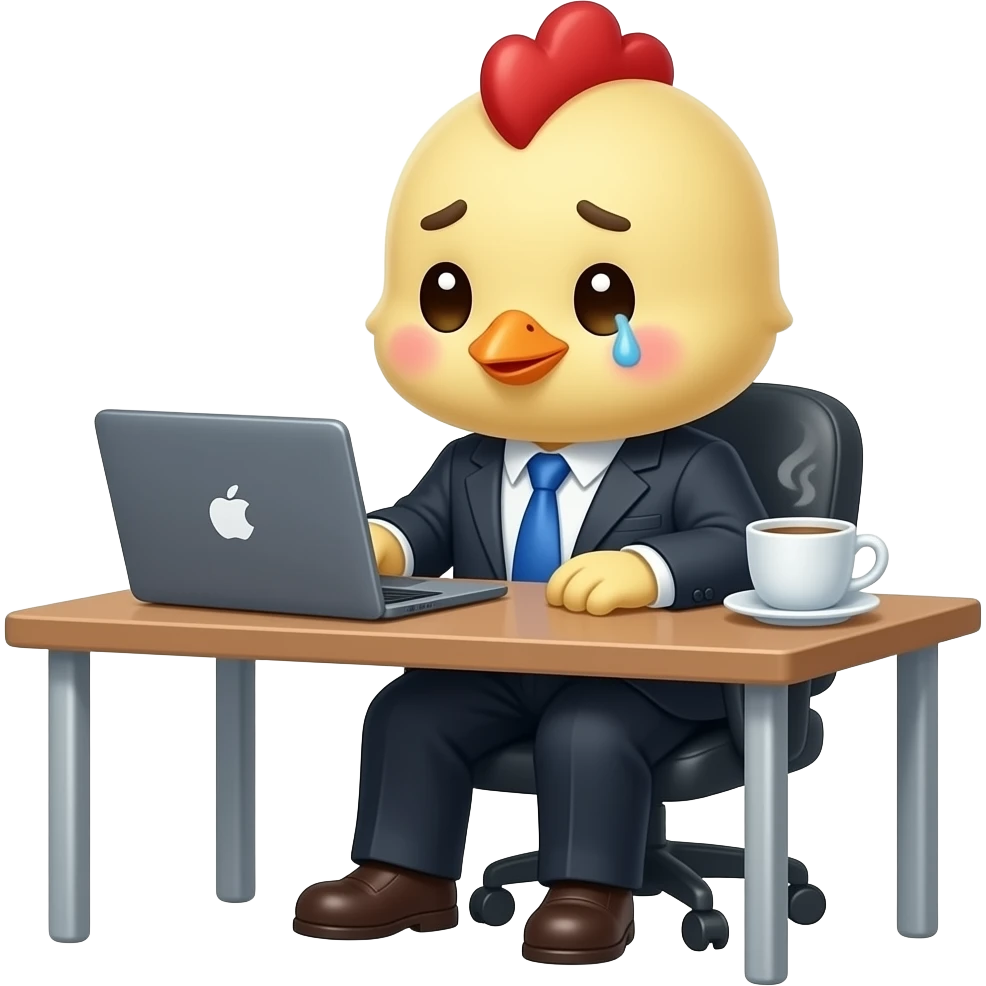 cute baby chick office worker wearing suit and tie, working late at night with laptop and coffee, tired expression, minimal emoji style emoji