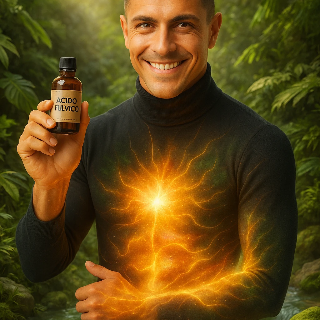 Create a vertical 9:16 wellness semi-realistic style image of a man with the face from the reference image. He is holding a bottle labeled 'acido fulvico'. Show luminous energy on the abdomen and skin. The environment is natural with wellness elements like plants and water. Include Italian text. emoji