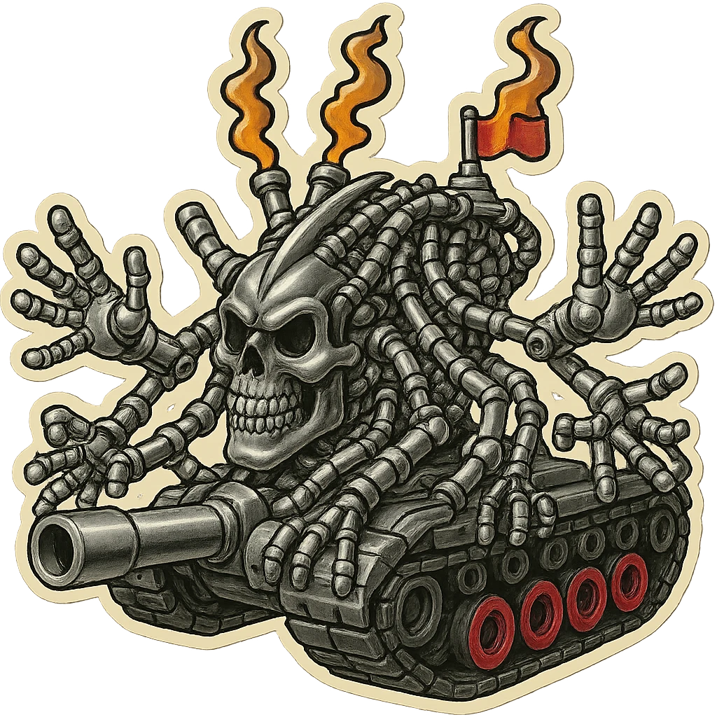 Edit the skull robot tank to have 4 distinct arms. All metal parts should be pure greyscale with no blue or purple tints. Non-metal elements can have color accents. Maintain the retro stickers style with a clean outline and transparent background. emoji