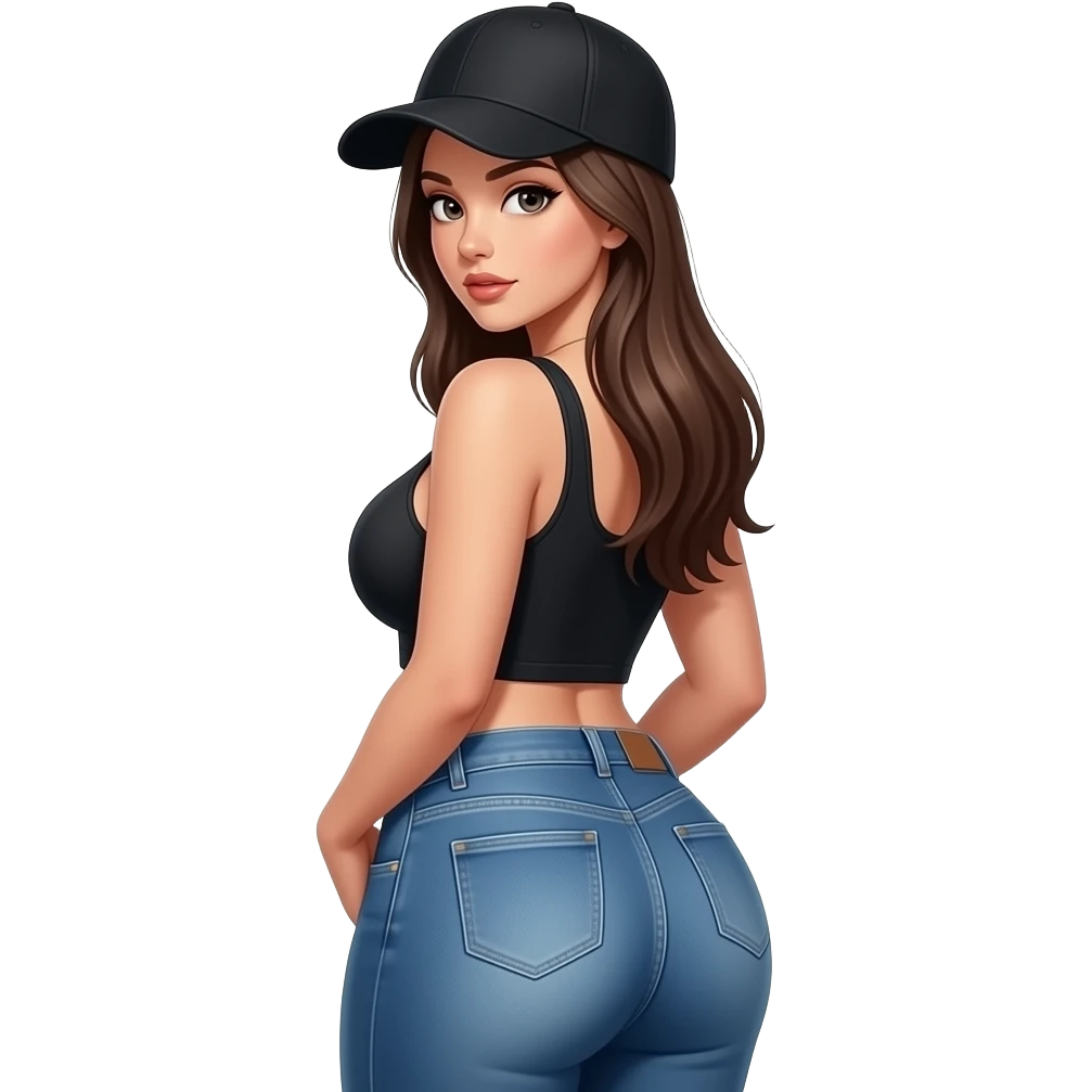 Straight. Hair Pretty sexy girl w/ Big booty n boobs  looking  backwith jeans with blackbaseball hat emoji
