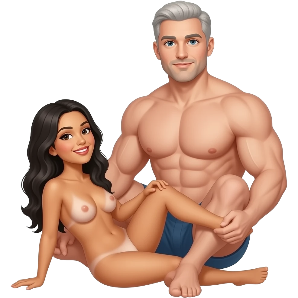 A muscular white man and a Hispanic woman with black hair in a sex position nude emoji