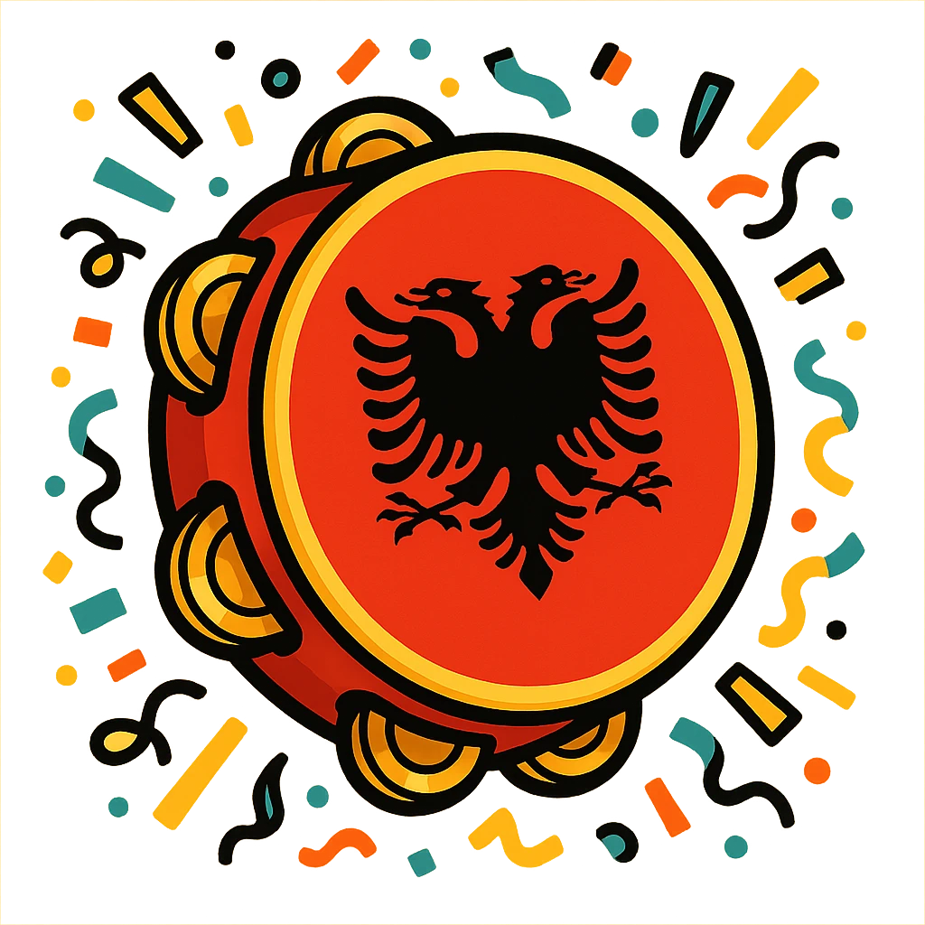 cartoonish tambourine with Albanian flag colors and festive confetti, cheerful emoji