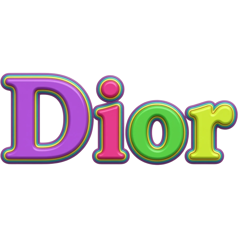 name "Dior" in purple hot pink lime green 3D style typography lettering, each color of the rainbow as a border outlined around each letter, isolated, 3d rendering, no emoji icons no emoji faces and must have no human figures emoji