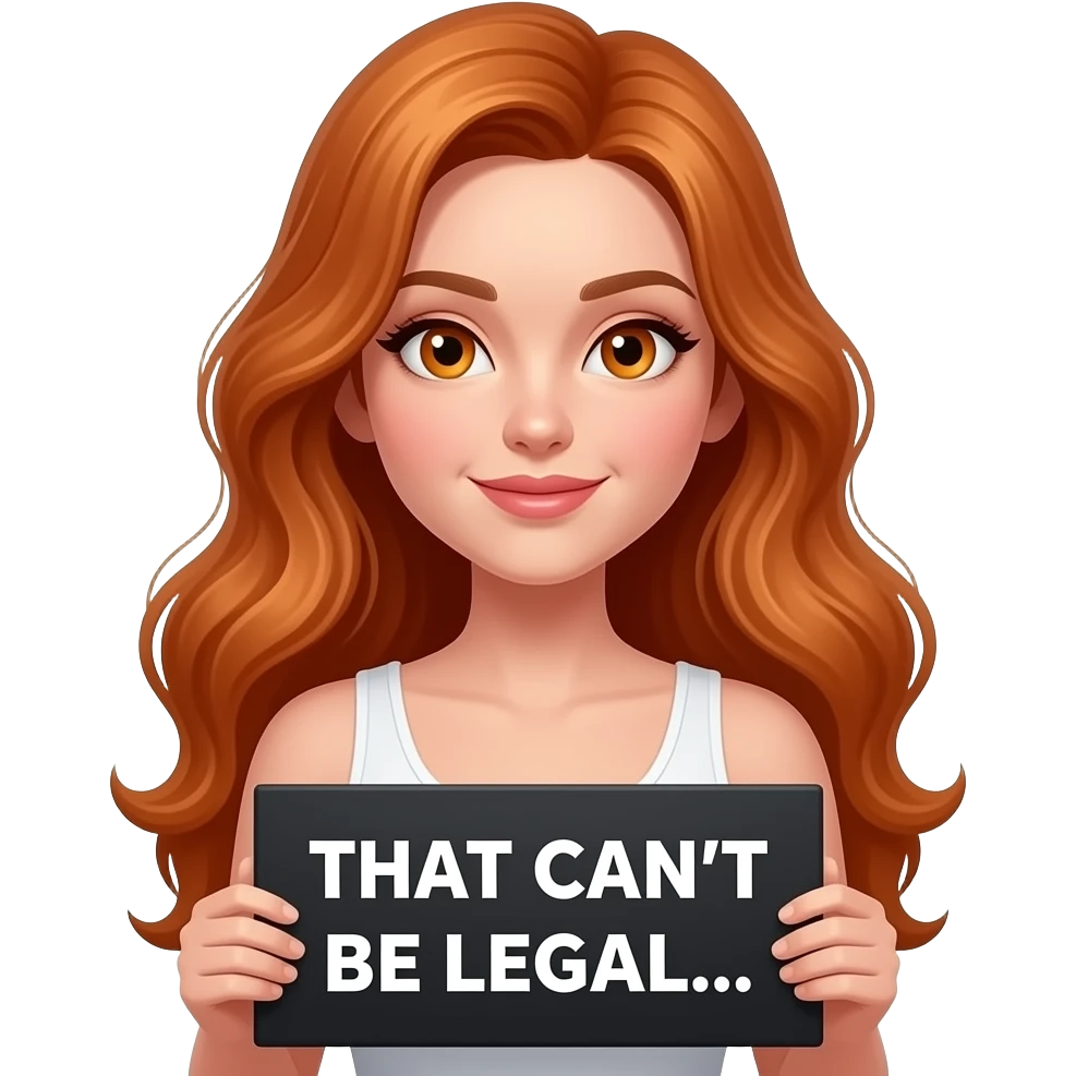 sexy girl with long wavy ginger hair and ginger eyes wearing a white tanktop is holding a black colored sign with THAT CAN'T BE LEGAL... written on it emoji