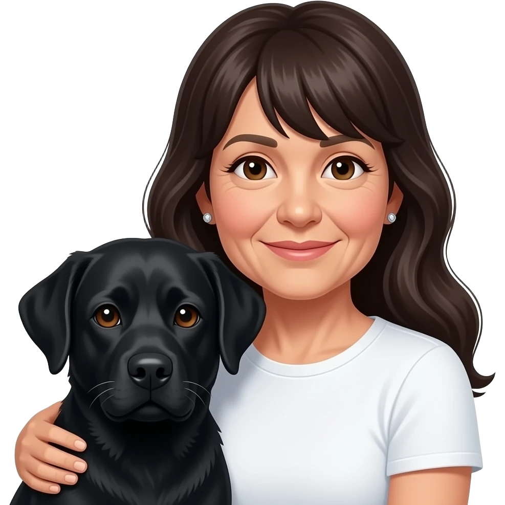 woman, 60s aged, long dark hair with fringe, small diamond earrings, brown eyes, cuddling black labrador, white t-shirt emoji