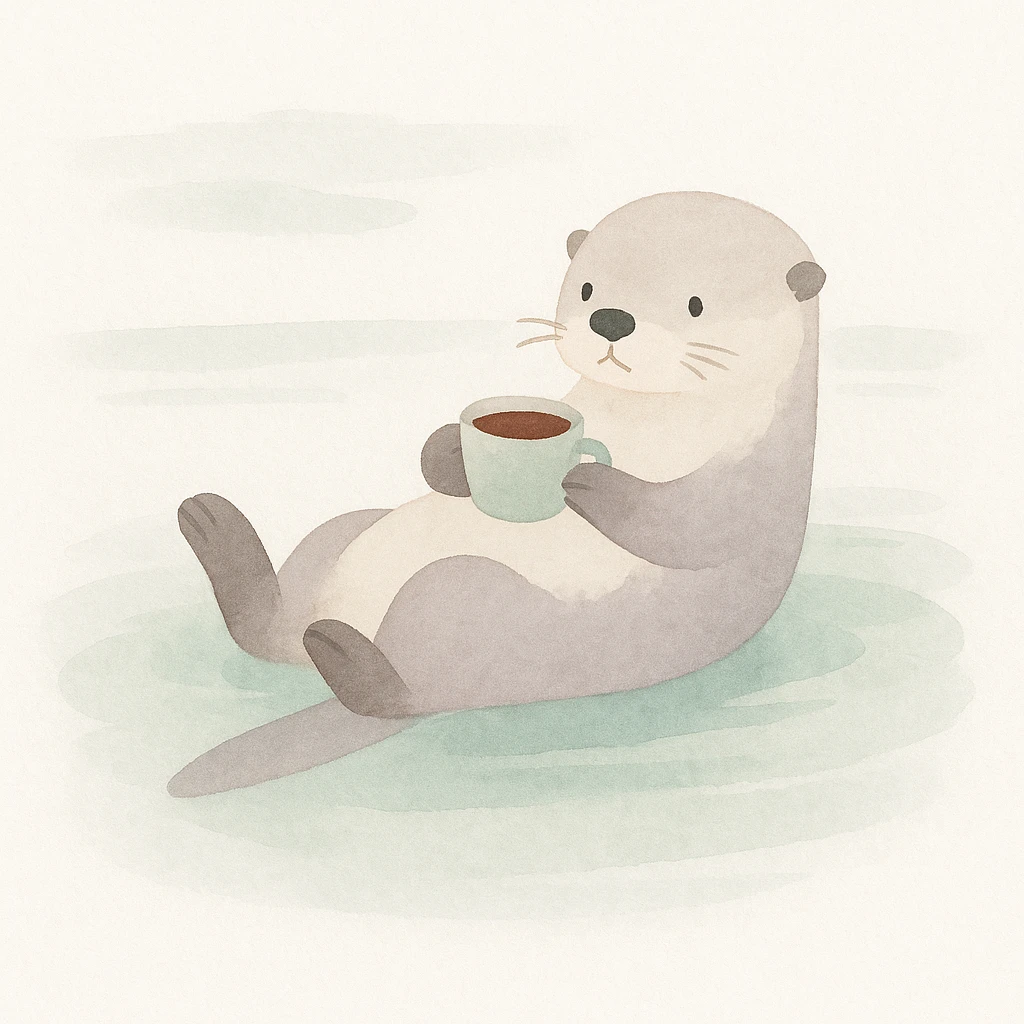 an otter floating on a lake and drinking a coffee, painterly style emoji