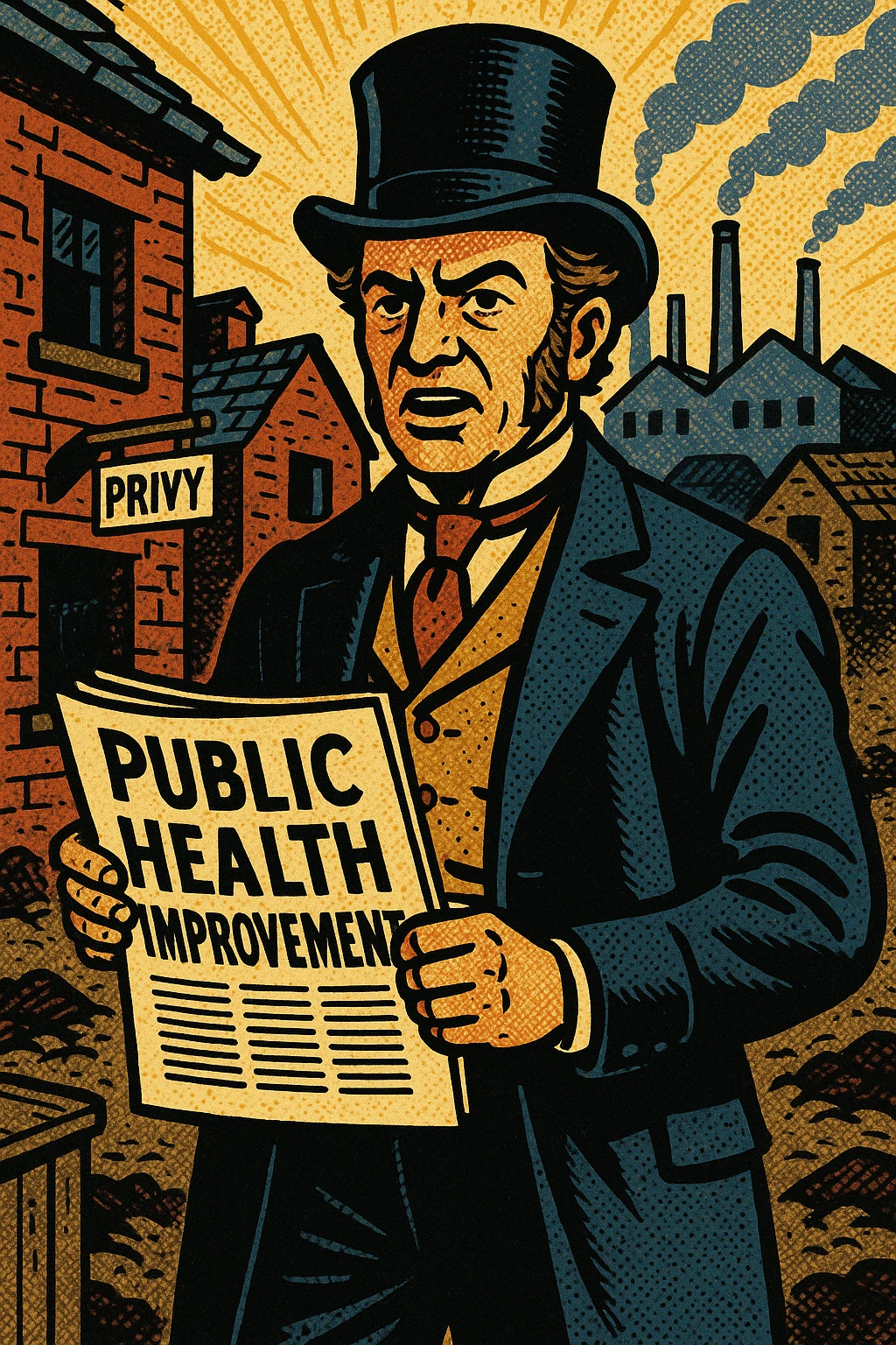 the full image of a middle aged victorian politician holding a newspaper in his left hand which has the headline 'Public Health Improvement'. In the background are victorian slum housing a sign for a 'privy' and victorian factories in the distance emoji