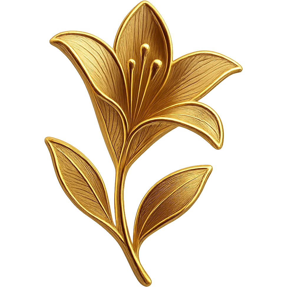 Create a minimalist abstract lily flower representing elegance with clean lines in gold color. Remove the background to isolate the subject. emoji