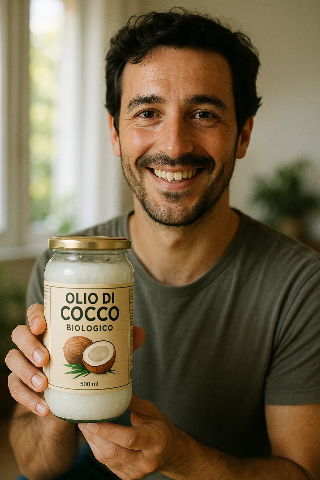 realistic and cinematic style portrait of a happy man showing a jar of organic coconut oil, features similar to reference photo, Italian label clearly visible, natural and bright atmosphere, vertical 2:3 aspect ratio emoji