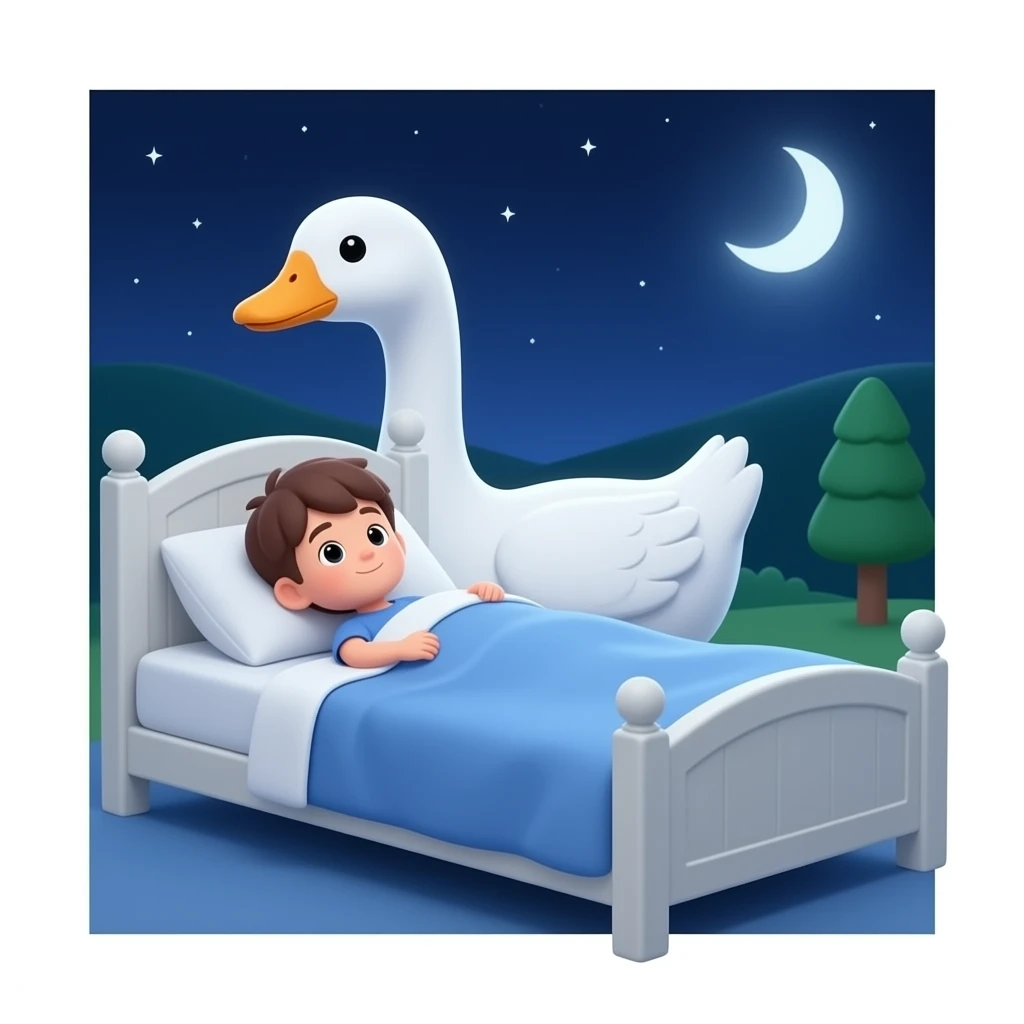 a young boy's bedroom  with a 3D white Goose in bed emoji