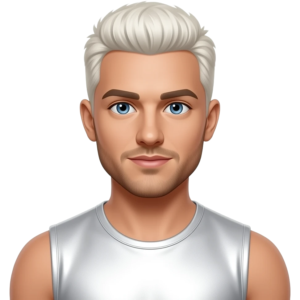Justin Jeffre from 98 Degrees with blue eyes, white blonde buzz cut hair and short beard, white metallic sleeveless shirt emoji
