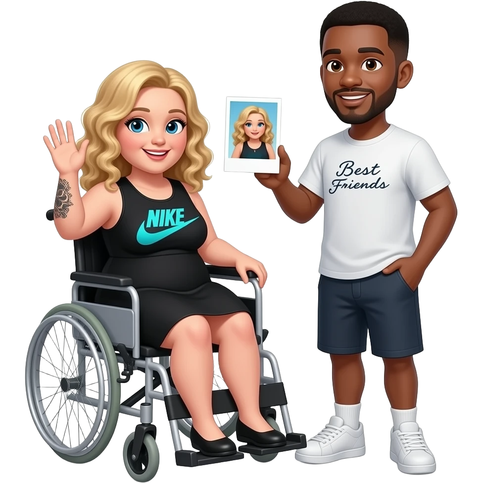 Plus size women waving in wheelchair Blonde curly hair blue eyes black tattoos on right lower arm a black summer dress “Nike with logo” ”in cursive teal writing holding a Polaroid photo of herself & a African American man black hair brown eyes no facial hair saying “Best Friends” in cursive writing emoji