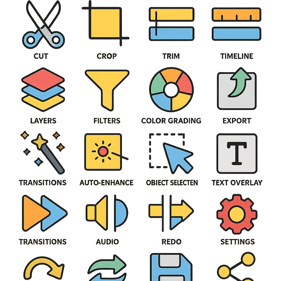 modern clean icon set for editing and visual content creation including cut, crop, trim, timeline, layers, filters, color grading, export, AI magic wand, auto-enhance, object selection, text overlay, transitions, audio editing, split, merge, undo, redo, save, settings, and share emoji