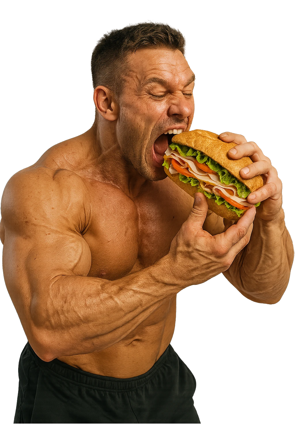 bodybuilder che mangia affamato un panino, iperrealistico 4k emoji