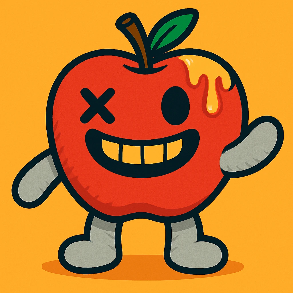 Appleton the Apple plush character, vibrant toon style, red apple plush with light grey arms and legs, left eye is an X, ichor dripping from the stem without leaf, wide grinning mouth emoji