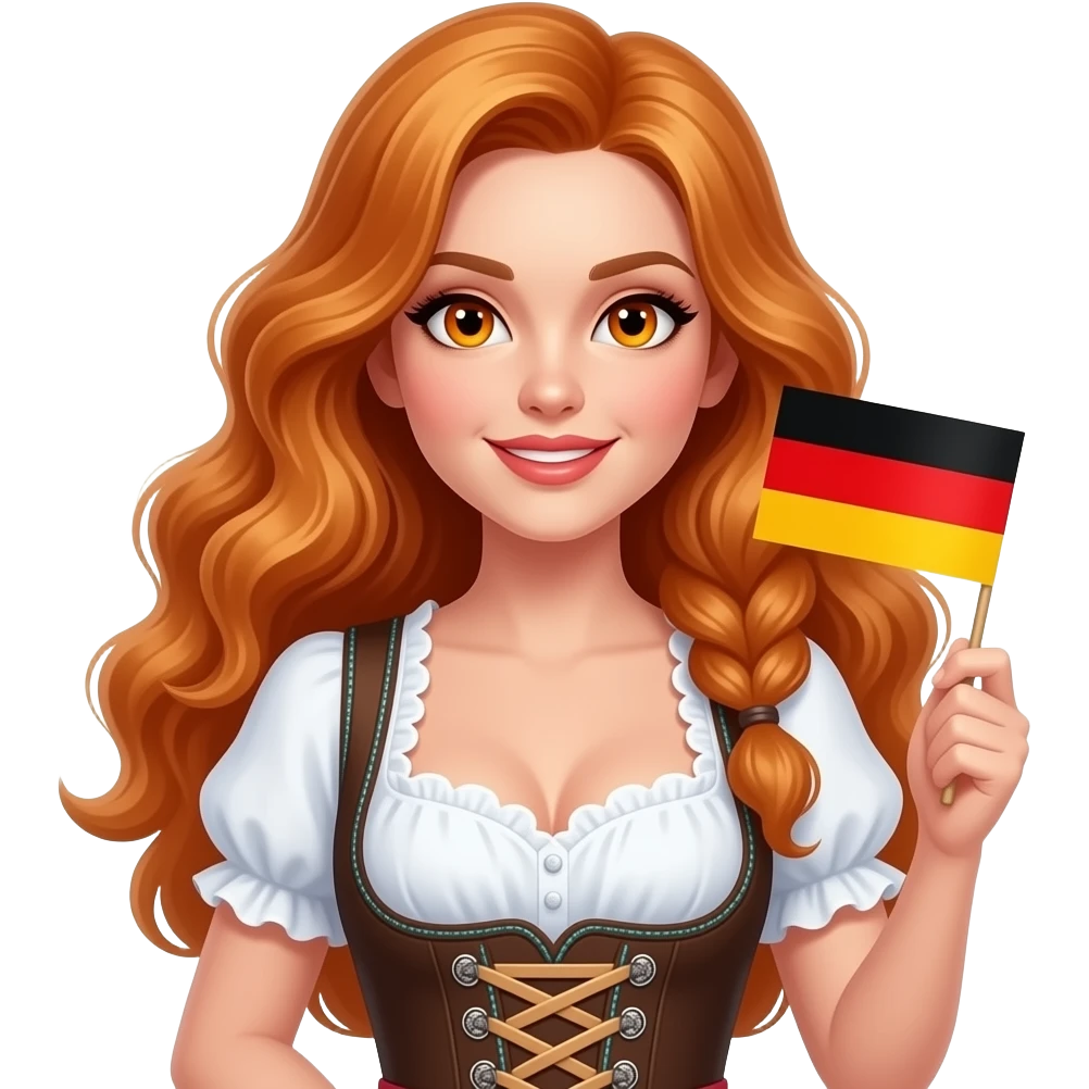 sexy girl with long curvy ginger hair and ginger eyes wearing a dirndl is holding a GERMANY sign, emoji