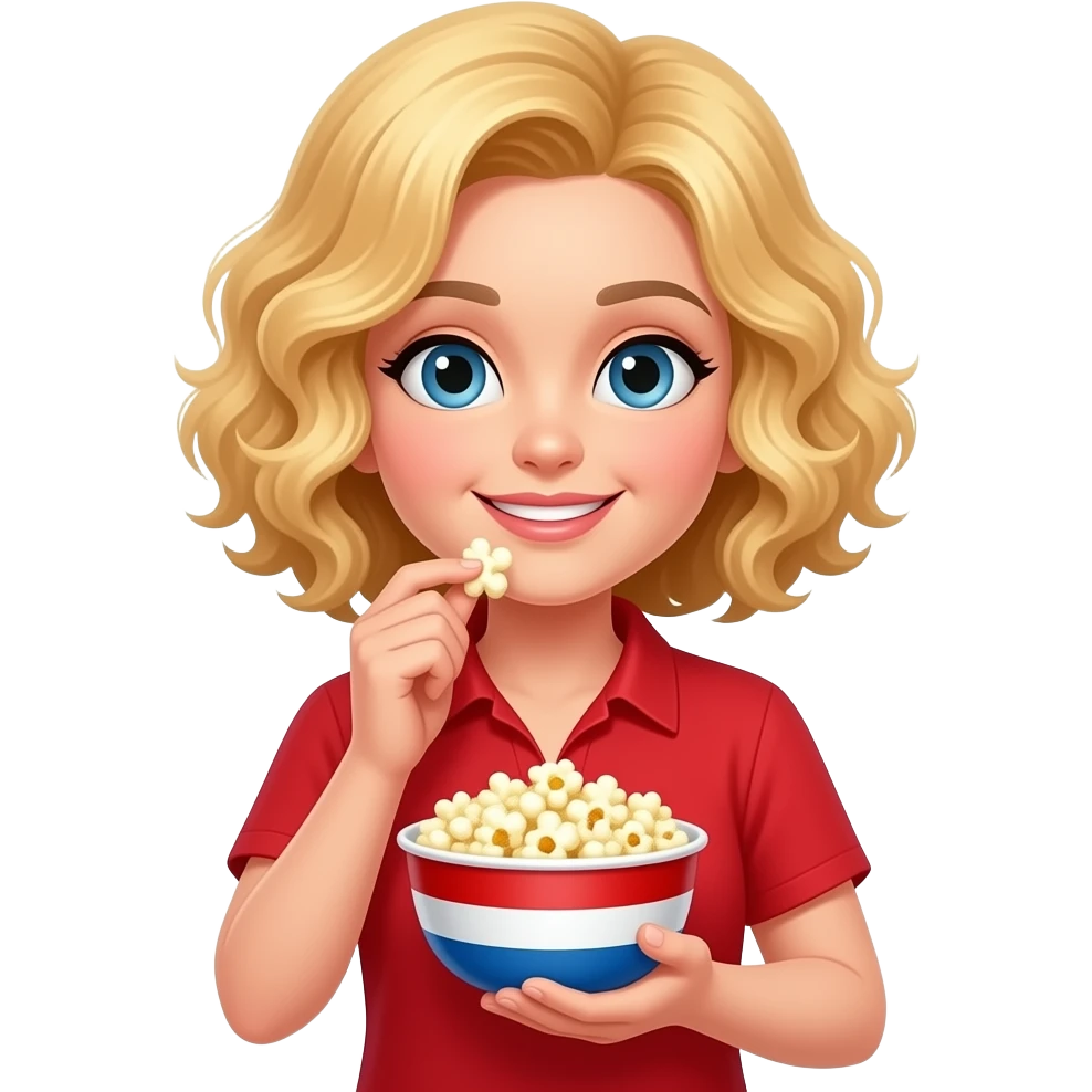 blonde curly bob eating popcorn in a red, white and blue bowl in red shirt emoji