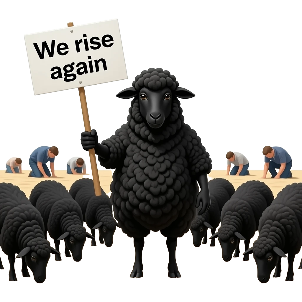 Black sheep with a sign saying “We rise again” with a black flock around the main guy. but behind the flock is people burying their heads in the sand. make the sand more noticeable emoji