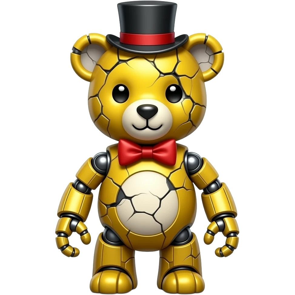 Broken robot yellow bear wearing top hat and a red bow with metal emoji